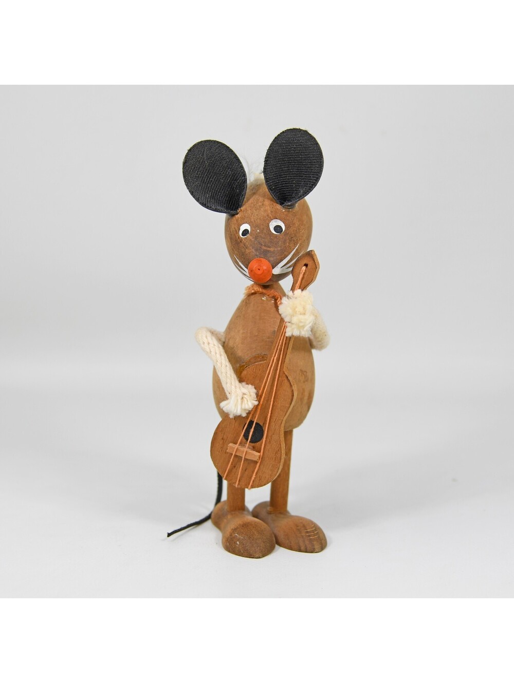 Vintage 1950s Wooden Mouse with Leather Ears and Tail Playing Guitar MCM Japan